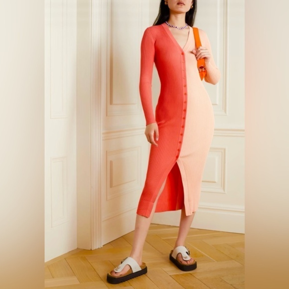 NEW STAUD Peach Two Tone Rib Knit Colorblock Shoko Sweater Dress Cardigan Duster
